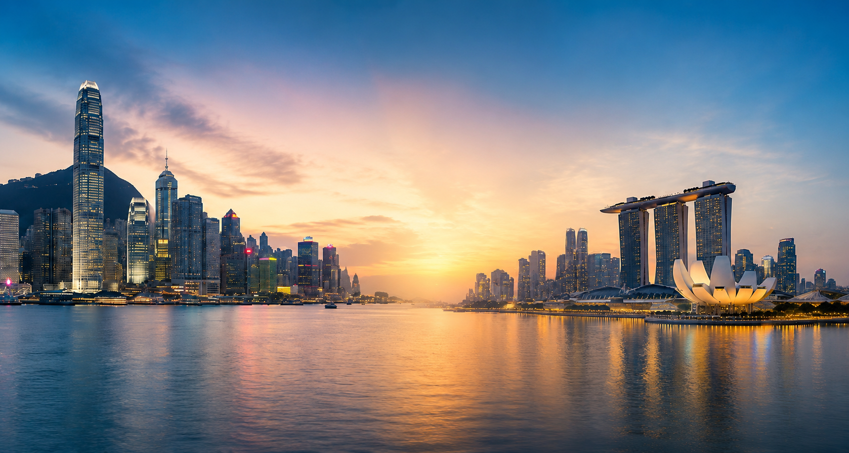 Hong Kong and Singapore skyline at dusk
