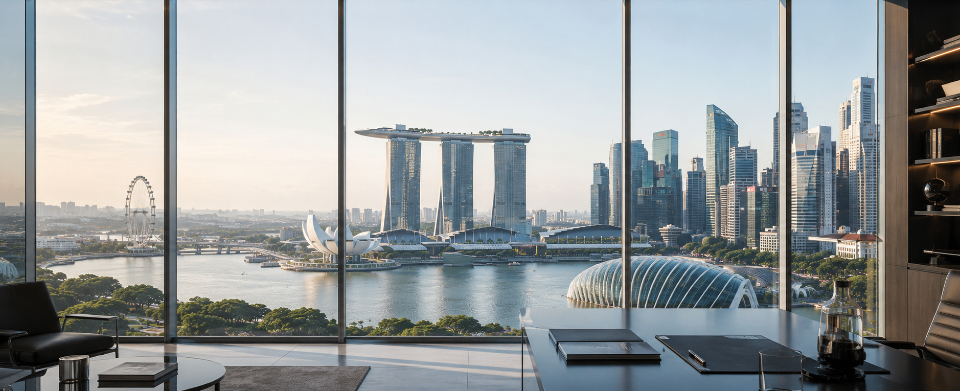 Peter Chow office view, Singapore skyline
